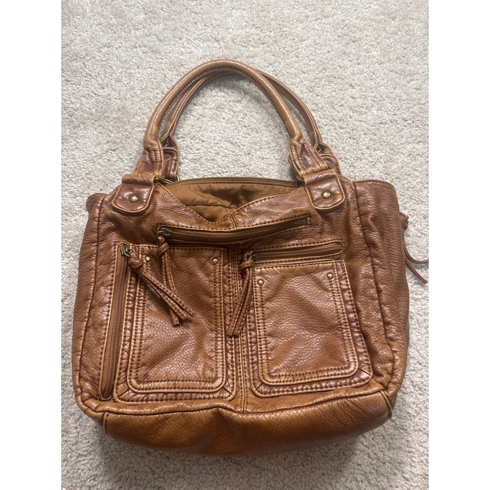 Bueno Cognac Brown Faux Leather Hobo Shoulder Bag Tassel Zip Pockets